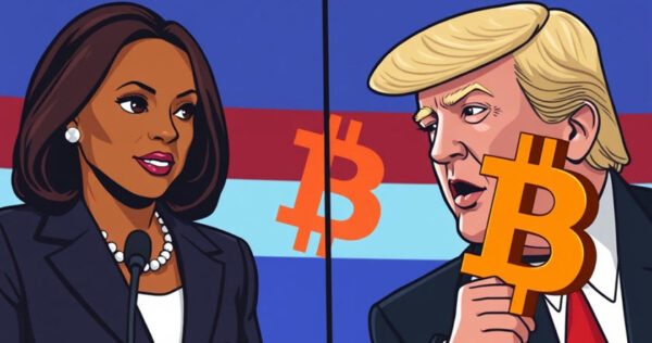 Cartoon of a woman and a man facing each other, each holding a Bitcoin symbol, with a striped background.