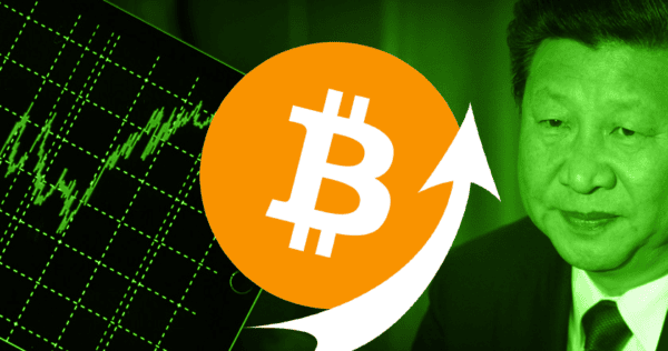 A Bitcoin symbol with an upward arrow overlays a stock chart and a man's face, suggesting a rise in Bitcoin value.