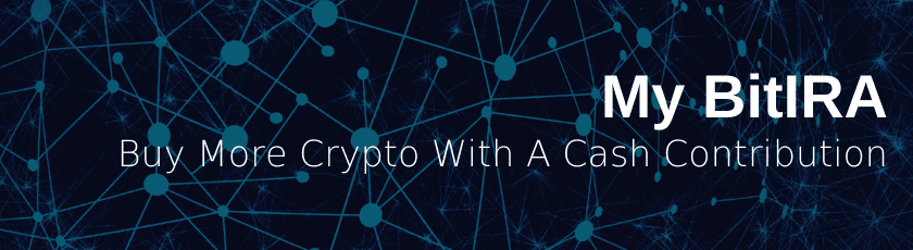 A dark network background with interconnected blue dots and lines, featuring the text My BitIRA Buy More Crypto With A Cash Contribution in white font.