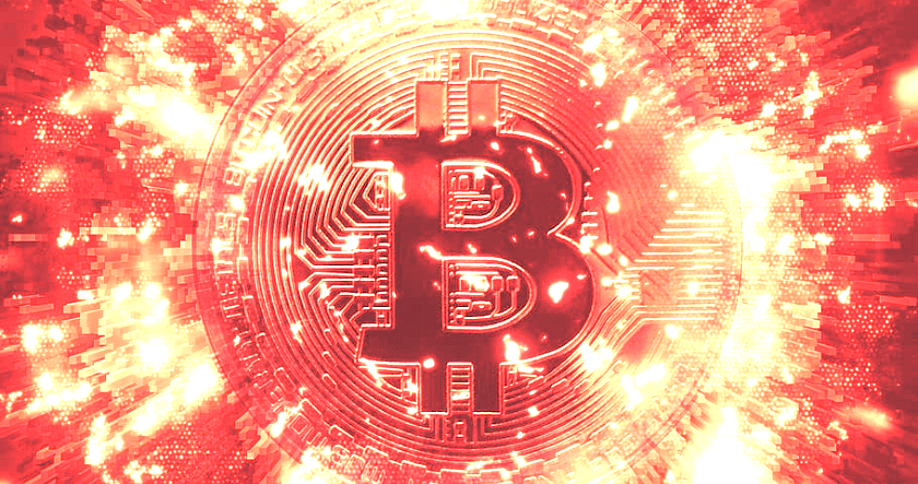 A glowing Bitcoin symbol is displayed in the center, surrounded by digital and fiery effects in shades of red and orange.