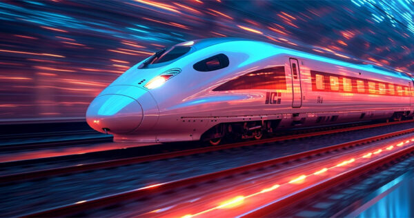 A high-speed bullet train moves quickly along tracks at night, with blurred lights creating a sense of motion.