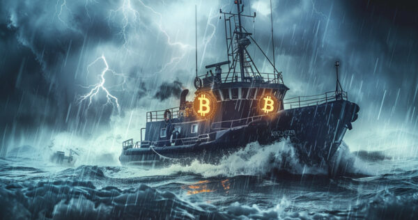 A ship with glowing Bitcoin symbols on the deck sails through a stormy sea with heavy rain, large waves, and lightning in the sky.