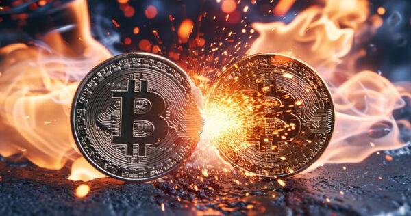 Two Bitcoin coins colliding with sparks and flames in the background.