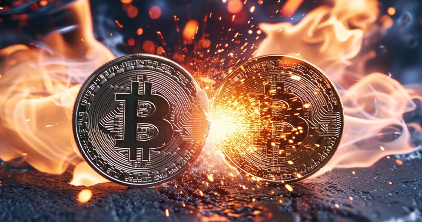 Two Bitcoin coins colliding with sparks and flames in the background.