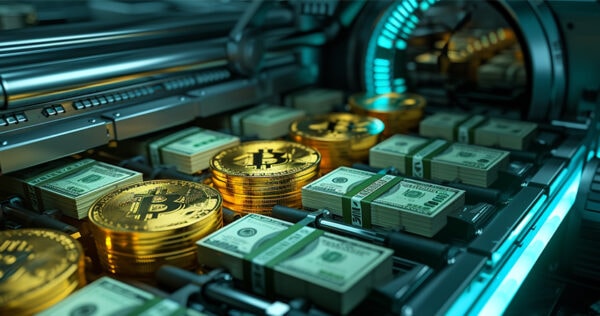 Stacks of gold Bitcoin coins and bundles of US dollar bills are arranged on a conveyor belt in a high-tech, futuristic setting.