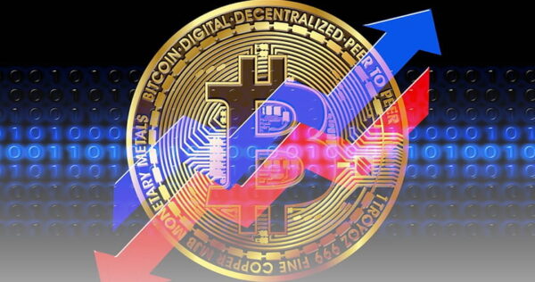 A gold Bitcoin coin with blue and red arrows pointing up and down, symbolizing the fluctuating value of cryptocurrency, set against a binary code background.