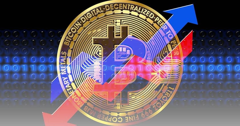 A gold Bitcoin coin with blue and red arrows pointing up and down, symbolizing the fluctuating value of cryptocurrency, set against a binary code background.