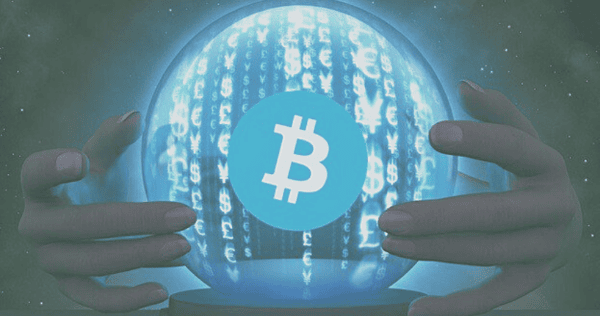 A pair of hands surrounds a glowing crystal ball with a Bitcoin symbol and various currency symbols inside it.