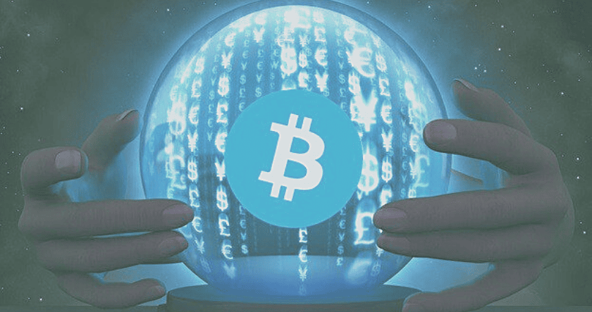 A pair of hands surrounds a glowing crystal ball with a Bitcoin symbol and various currency symbols inside it.