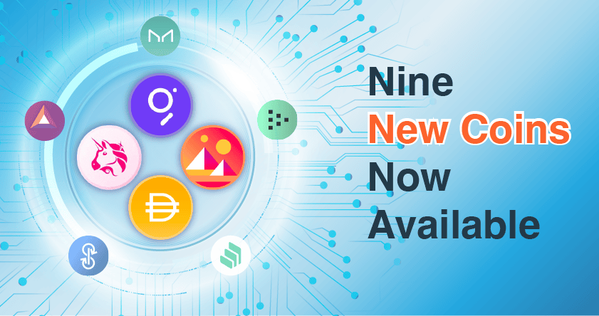 A digital graphic displays nine cryptocurrency logos in a circle with the text "Nine New Coins Now Available" on a blue tech-themed background.