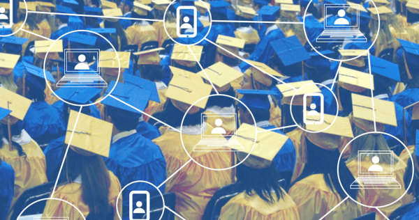 A group of graduates in caps and gowns sit together, overlaid with digital icons of laptops and profile avatars connected by lines.