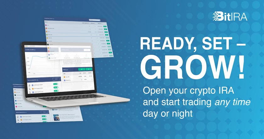 A promotional image for BitIRA featuring a laptop with trading dashboards, and text encouraging users to open a crypto IRA and trade at any time, day or night.