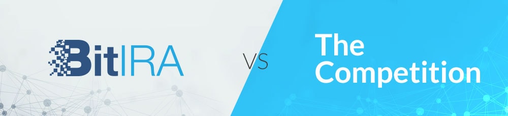 BitIRA logo and text on the left, "vs The Competition" on the right, with a digital network graphic in the background.