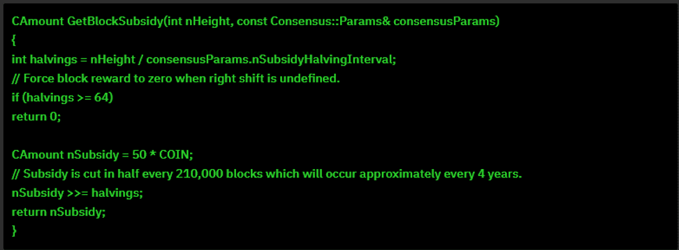 Screenshot of C++ code for the GetBlockSubsidy function, which calculates the block reward halving every 210,000 blocks in a cryptocurrency system.