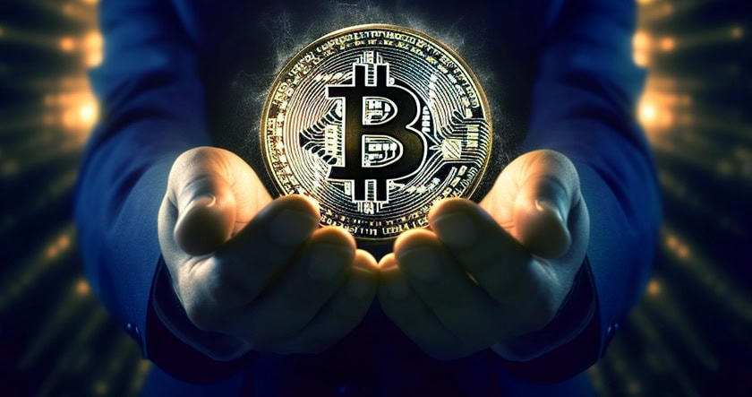 Person in a suit holding a glowing Bitcoin coin with both hands, with a dark, radiant background.