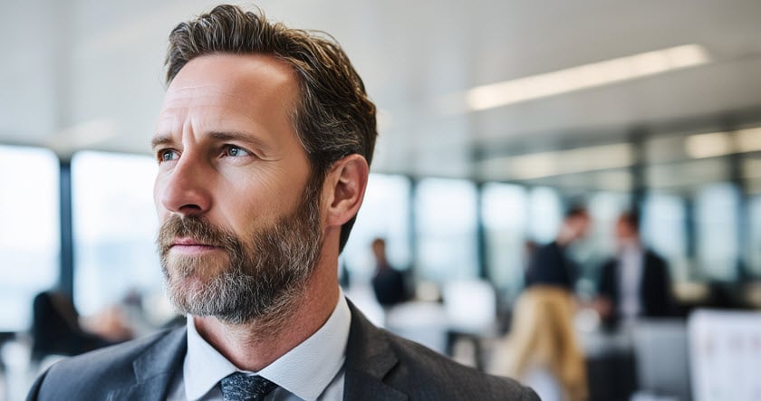 A man with a beard and suit stands in an office with blurred colleagues and windows in the background.