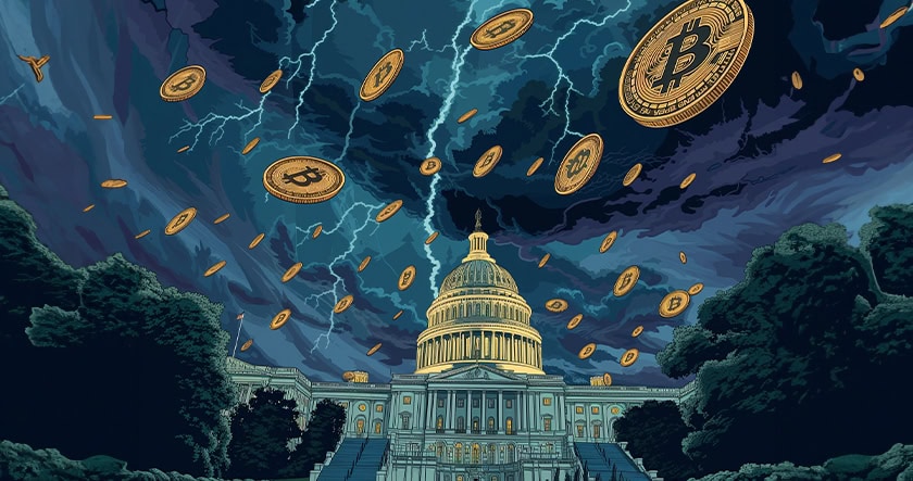 Illustration of the U.S. Capitol building under a stormy sky with lightning, as large Bitcoin coins fall from the clouds.
