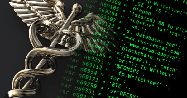 A caduceus symbol next to a screen showing lines of green computer code, suggesting a concept related to cybersecurity in healthcare.