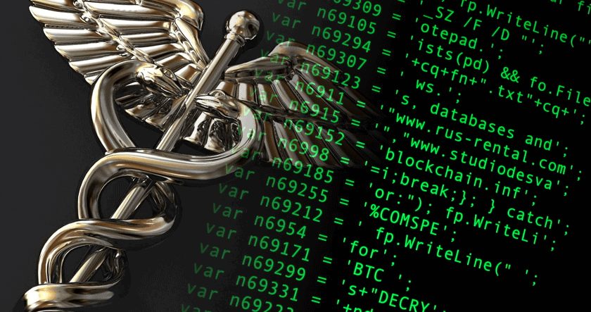 A caduceus symbol next to a screen showing lines of green computer code, suggesting a concept related to cybersecurity in healthcare.