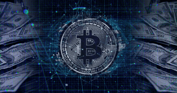 A digital illustration of a Bitcoin symbol is centered over a background of US dollar bills and digital network graphics.