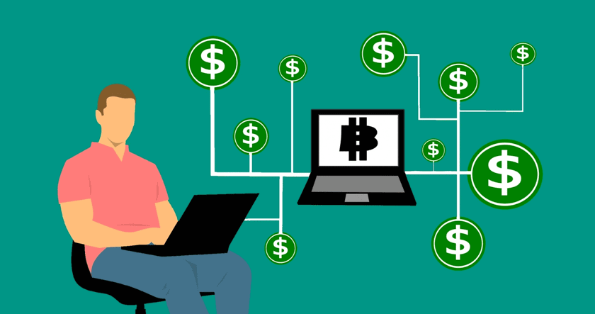 Illustration of a person using a laptop, with a network of dollar signs connected to a computer displaying a bitcoin symbol, representing cryptocurrency and financial transactions.