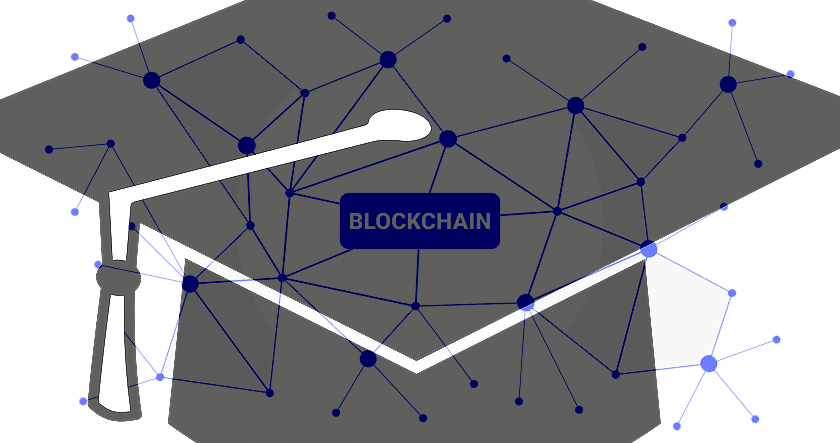 A graduation cap with a network diagram overlay and the word "BLOCKCHAIN" in the center, symbolizing blockchain technology in education.