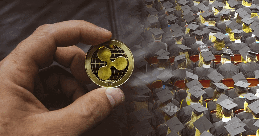 A hand holds a Ripple (XRP) coin on the left, while a group of graduates in caps and gowns sits together on the right.