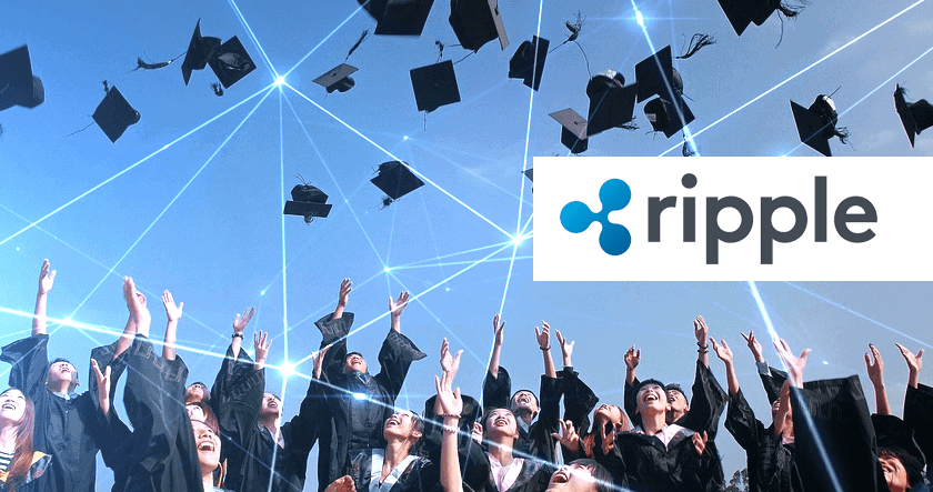 A group of graduates toss graduation caps into the air with the Ripple logo and a digital network graphic overlay in the background.