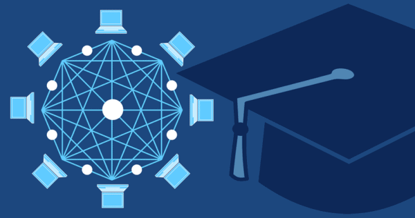 A digital illustration showing networked laptops forming a web, next to a graduation cap, representing the intersection of technology and education.