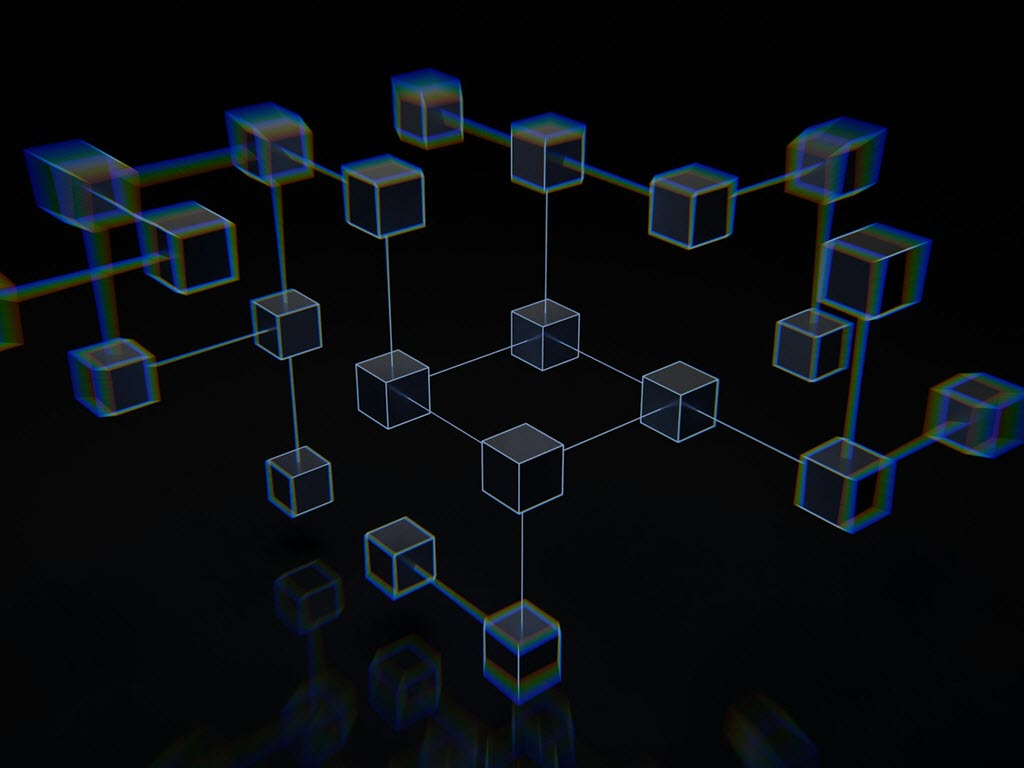 A digital illustration of interconnected transparent cubes forming a network structure on a black background, representing blockchain or data networks.