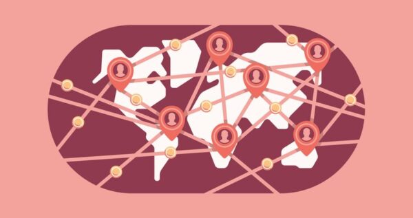 A stylized world map with location pins connected by lines, symbolizing global networking and interconnected communication.