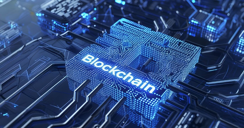 A digital illustration of a circuit board with a glowing blue block labeled "Blockchain" at the center, representing blockchain technology.