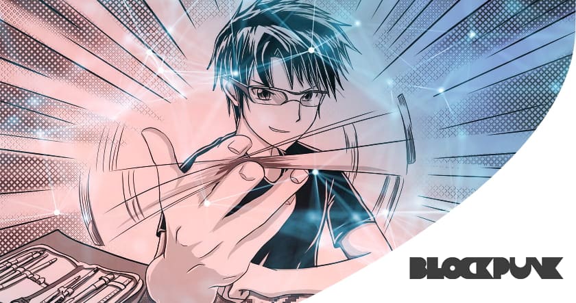 Anime-style illustration of a person assembling model parts with a determined expression, surrounded by bright, dynamic lines; "BLOCKPUNK" logo in the bottom right corner.