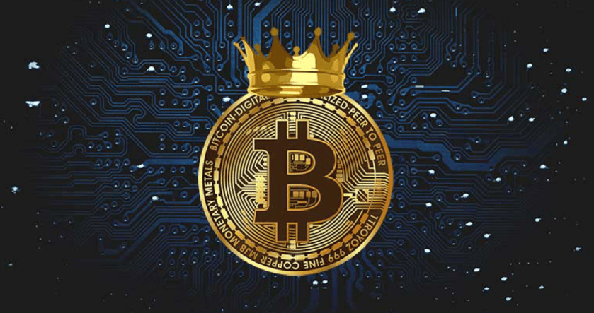 A gold bitcoin coin with a crown on top is centered over a blue digital circuit board background.