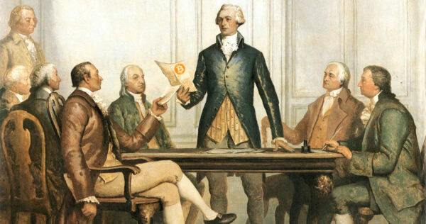 A historical painting of men in 18th-century attire gathered around a table, with one man holding a document featuring a Bitcoin symbol.