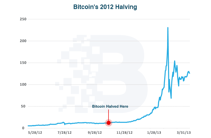 Line graph showing Bitcoin price from May 2012 to March 2013, with a spike after the 2012 halving event marked in November.