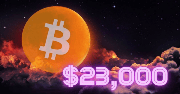 A large Bitcoin symbol appears on an orange, moon-like sphere in a cloudy night sky, with 