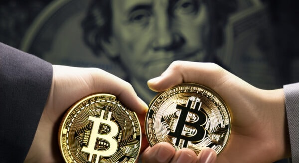 Two hands each hold a gold Bitcoin coin, with a blurred U.S. dollar bill featuring a portrait in the background.