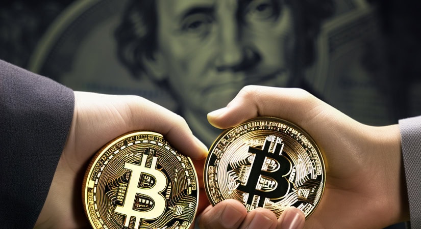 Two hands each hold a gold Bitcoin coin, with a blurred U.S. dollar bill featuring a portrait in the background.
