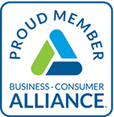 Square logo with the text "Proud Member Business Consumer Alliance" surrounding a blue and green triangular symbol in the center.