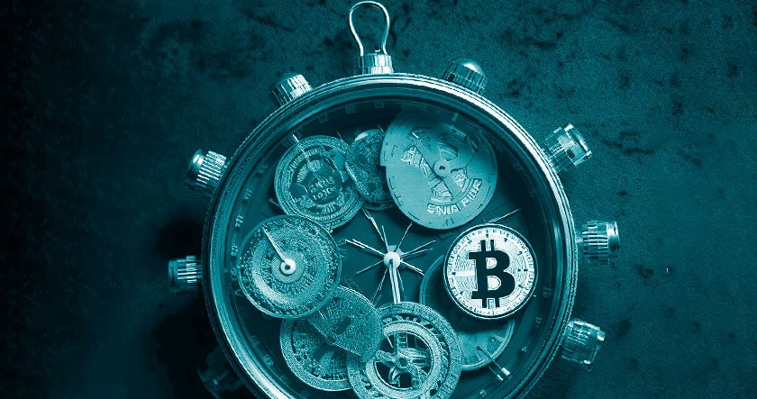 A stopwatch filled with various coins and a Bitcoin symbol, symbolizing the concept of time and cryptocurrency.