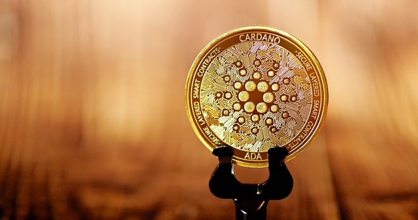 A Cardano (ADA) cryptocurrency coin standing upright on a black holder against a blurred golden-brown background.