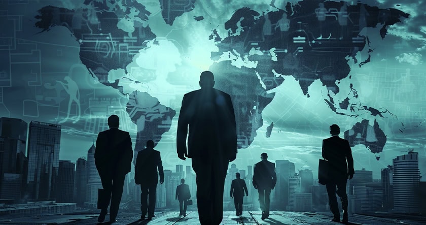 Silhouetted businesspeople walking in front of a large digital world map overlay, with city buildings visible below.