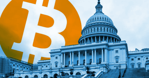 The U.S. Capitol building with a large Bitcoin symbol overlayed in the background, symbolizing cryptocurrency and government relations.