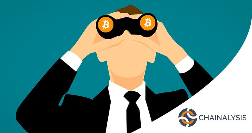 Illustration of a person in a suit looking through binoculars with Bitcoin logos, next to the Chainalysis logo.