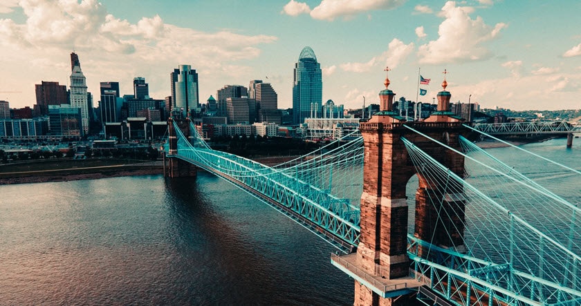 A large suspension bridge crosses a wide river with a city skyline featuring tall buildings and cloudy skies in the background.