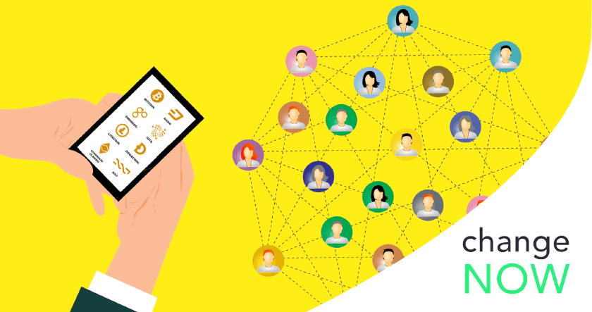 Illustration of a hand holding a smartphone with icons, connected profile photos in a network, and the words "change NOW" on a yellow background.