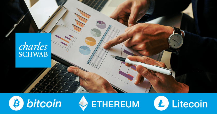 Two people review financial charts on a clipboard with a laptop; Charles Schwab logo and Bitcoin, Ethereum, and Litecoin symbols are visible.