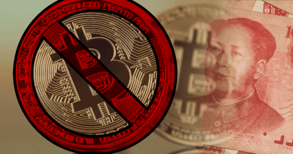 A bitcoin symbol with a prohibition sign over it is shown next to a Chinese yuan note featuring Mao Zedong’s portrait.