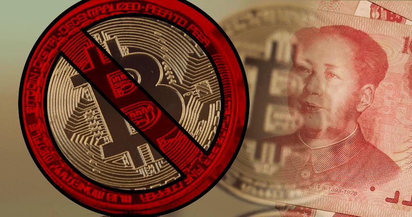 A bitcoin symbol with a prohibition sign over it is shown next to a Chinese yuan note featuring Mao Zedong’s portrait.